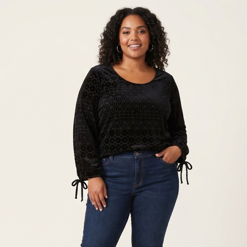 Talbots Woman Black Burnout Velvet Long Sleeve Blouse Top 3X Dark Academia